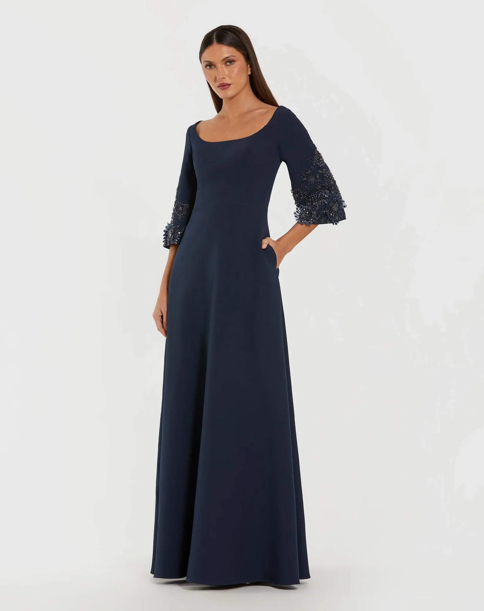 Mac Duggal Midnight Crepe Gown With Floral Embellished Sleeves #2311