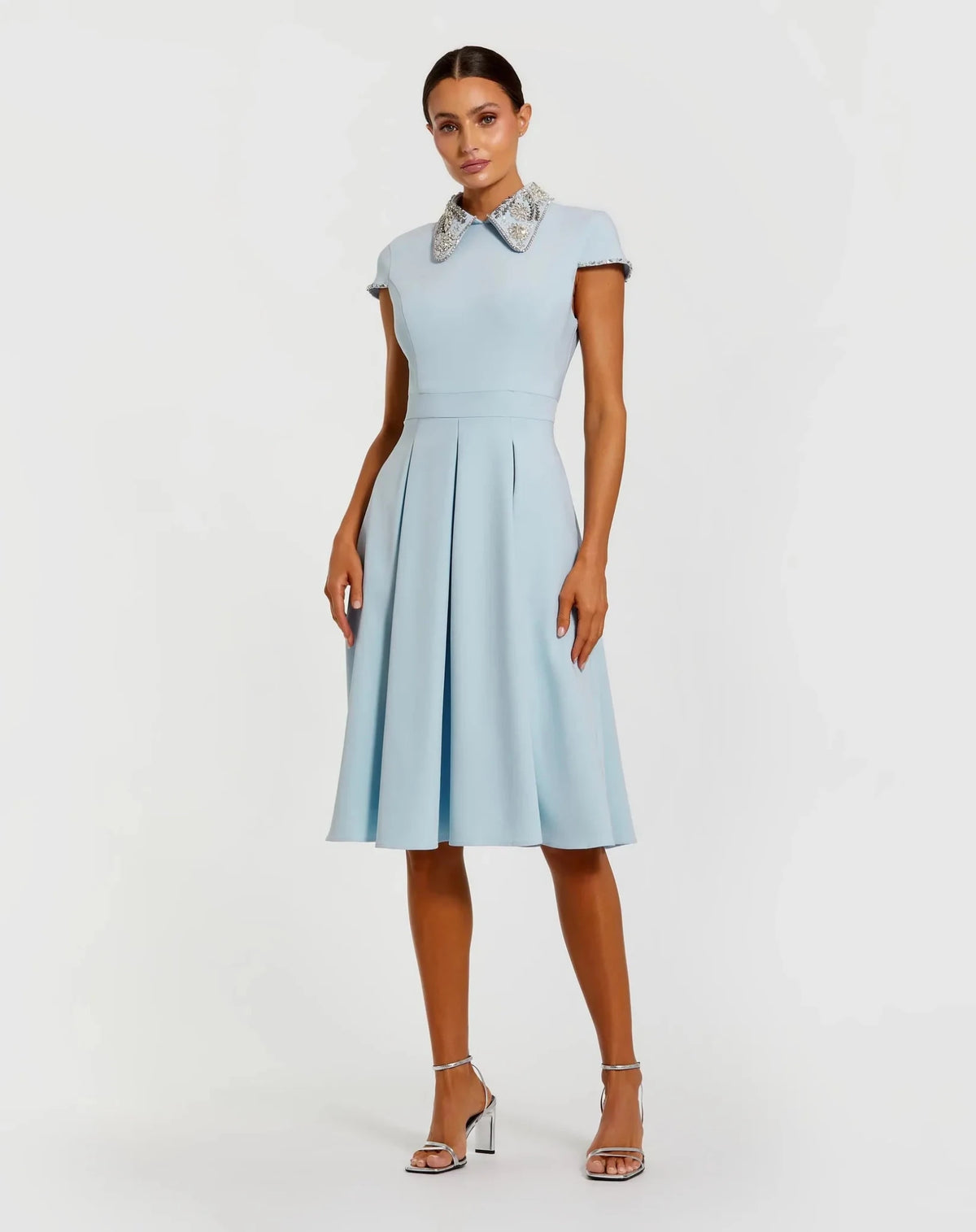 Powder Blue Crepe Short Sleeve Midi Dress With Beading Details