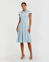 Powder Blue Crepe Short Sleeve Midi Dress With Beading Details
