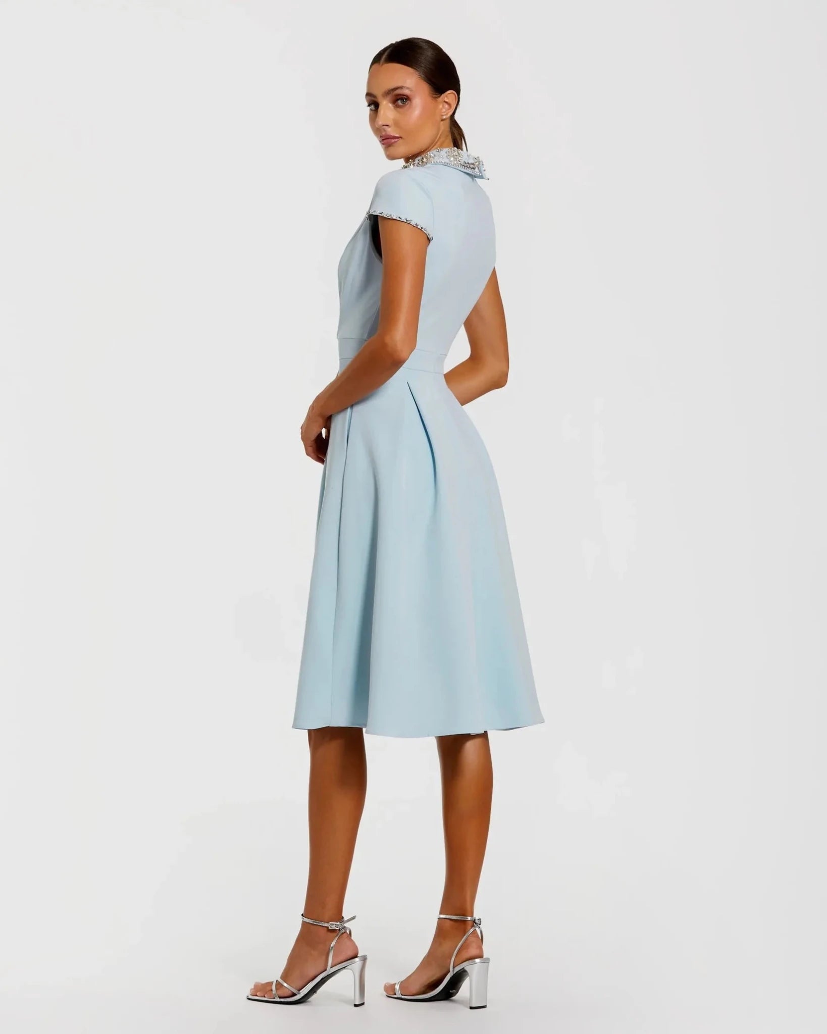 Powder Blue Crepe Short Sleeve Midi Dress With Beading Details