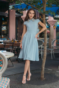 Powder Blue Crepe Short Sleeve Midi Dress With Beading Details