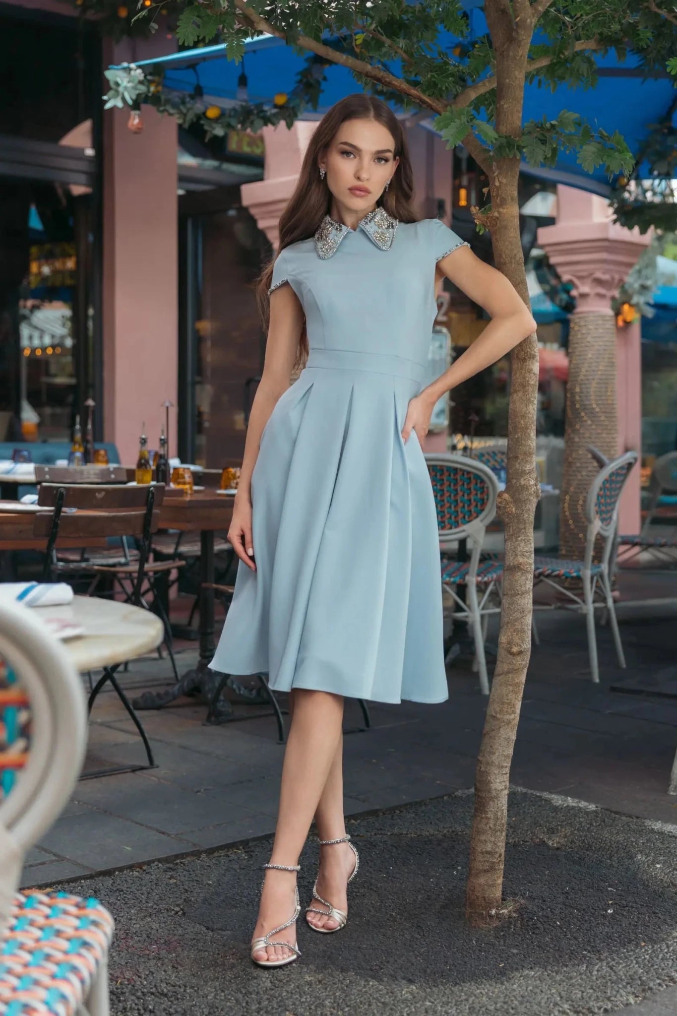 Powder Blue Crepe Short Sleeve Midi Dress With Beading Details
