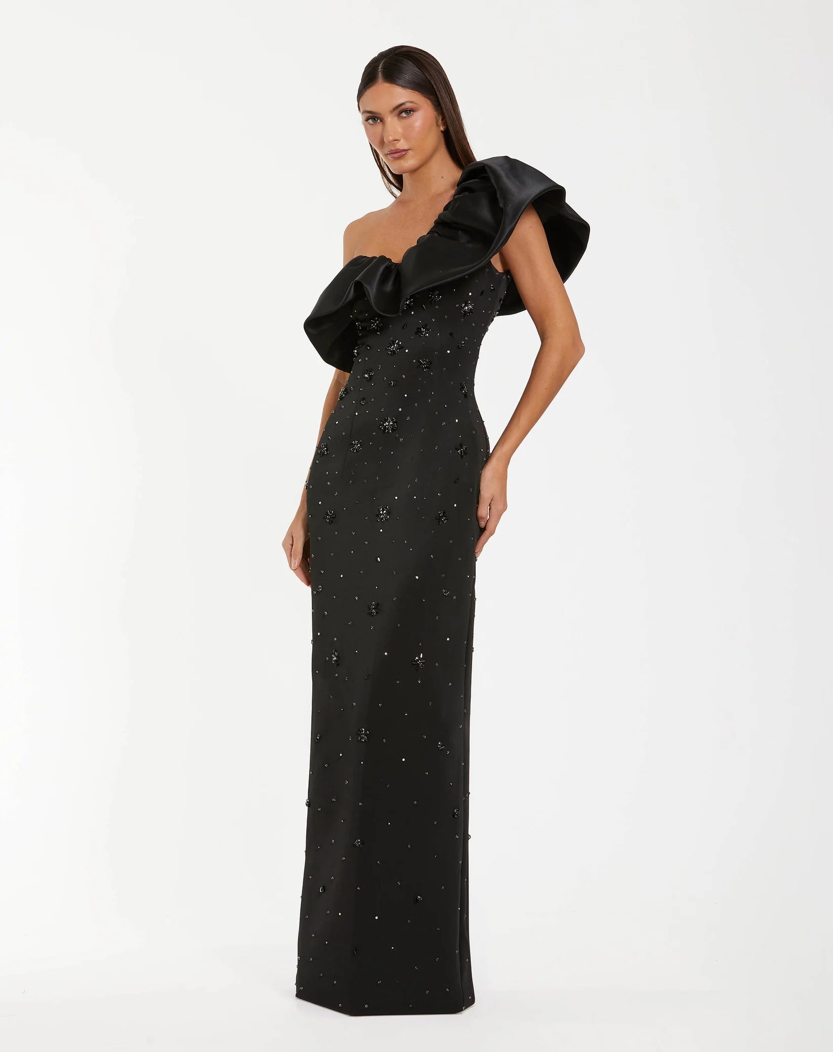 Mac Duggal Black Beaded Stretch Crepe One Shoulder Column Gown #2315

