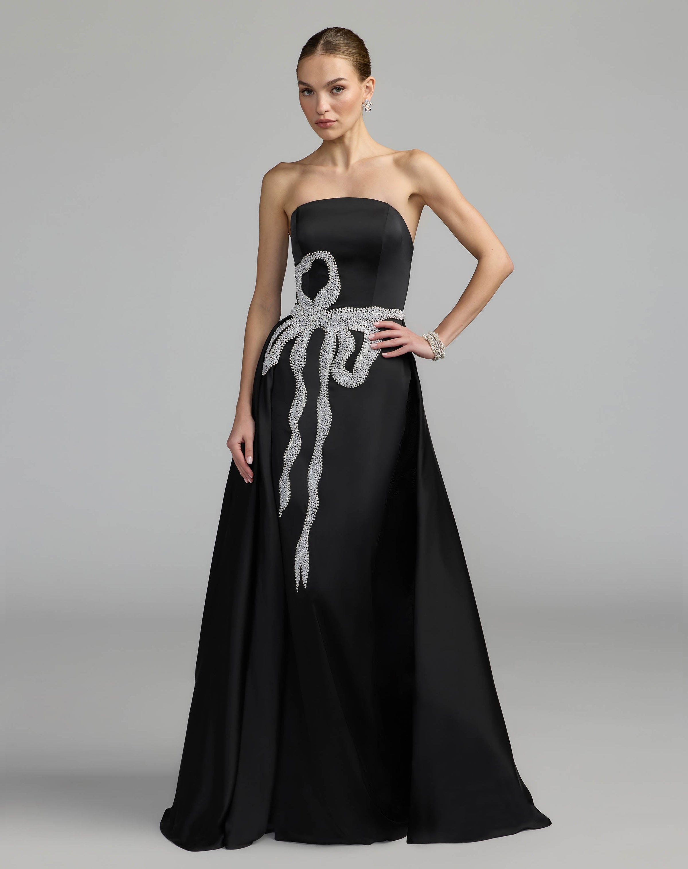 Mac Duggal #2317 black white strapless embellished satin gown with overskirt