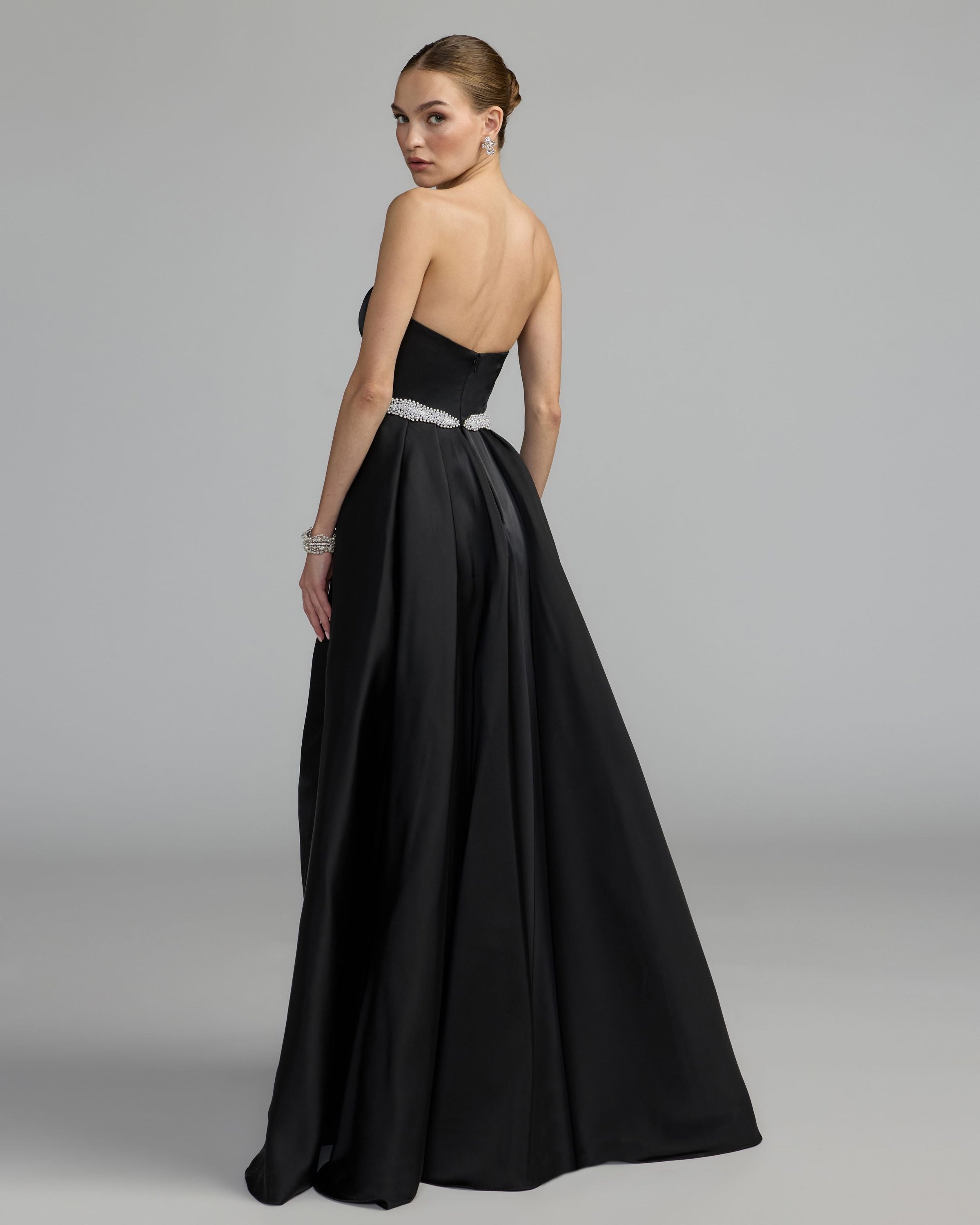 Mac Duggal #2317 black white strapless satin gown back view