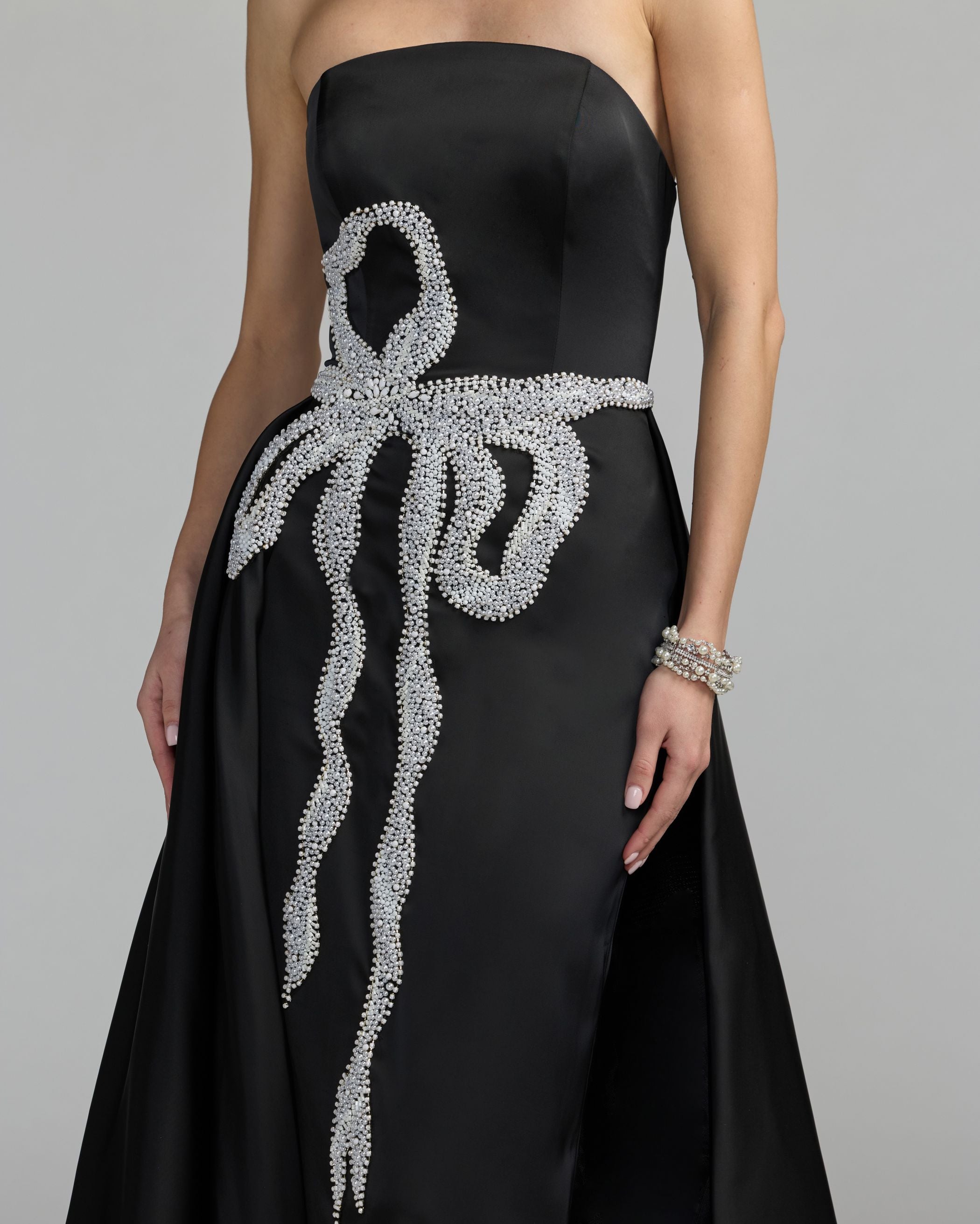 Mac Duggal #2317 black white satin overskirt detail