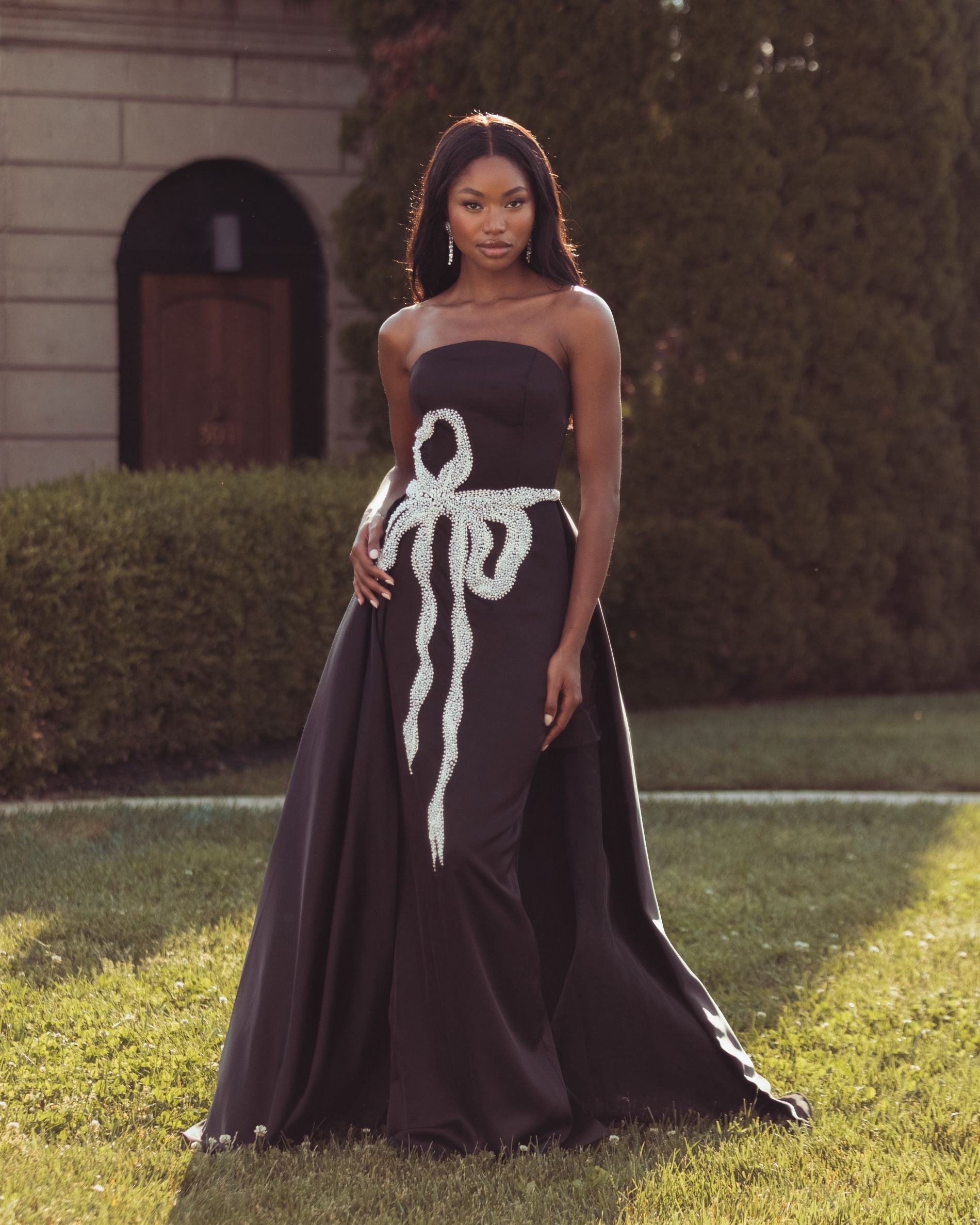 Mac Duggal #2317 black white satin gown with overskirt lifestyle alternate