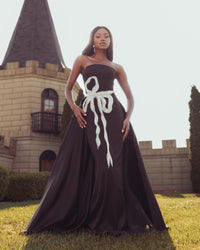 Mac Duggal #2317 black white satin gown with overskirt lifestyle