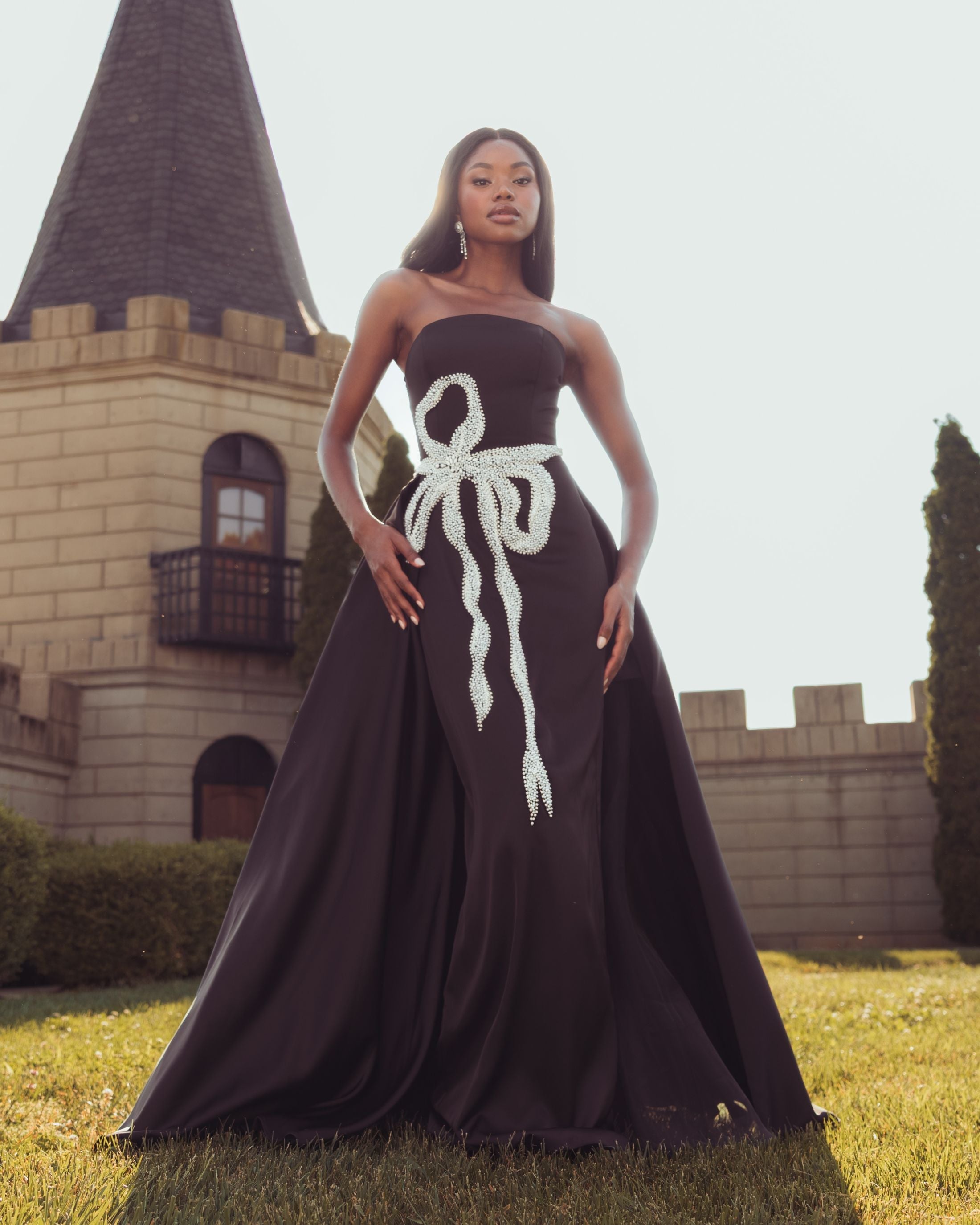 Mac Duggal #2317 black white satin gown with overskirt lifestyle