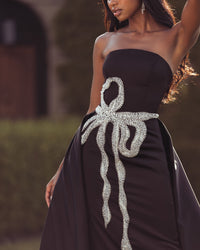 Mac Duggal #2317 black white satin gown beaded bow lifestyle zoom