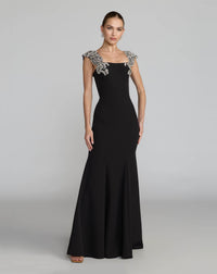Mac Duggal #2318 black beaded floral applique mermaid gown