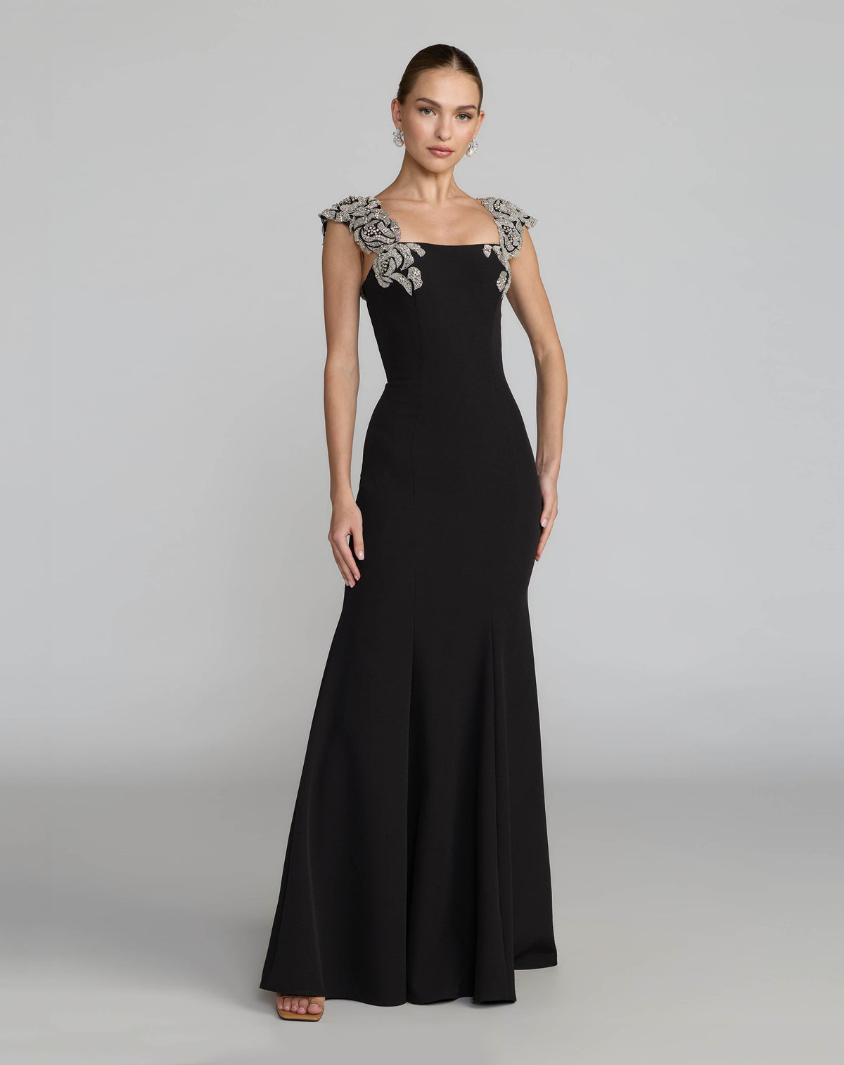 Mac Duggal #2318 black beaded floral applique mermaid gown