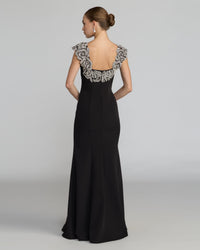 Mac Duggal #2318 black beaded floral applique mermaid gown