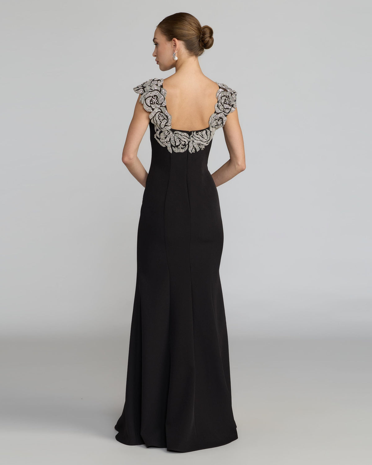 Mac Duggal #2318 black beaded floral applique mermaid gown
