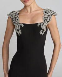Mac Duggal #2318 black beaded floral applique mermaid gown