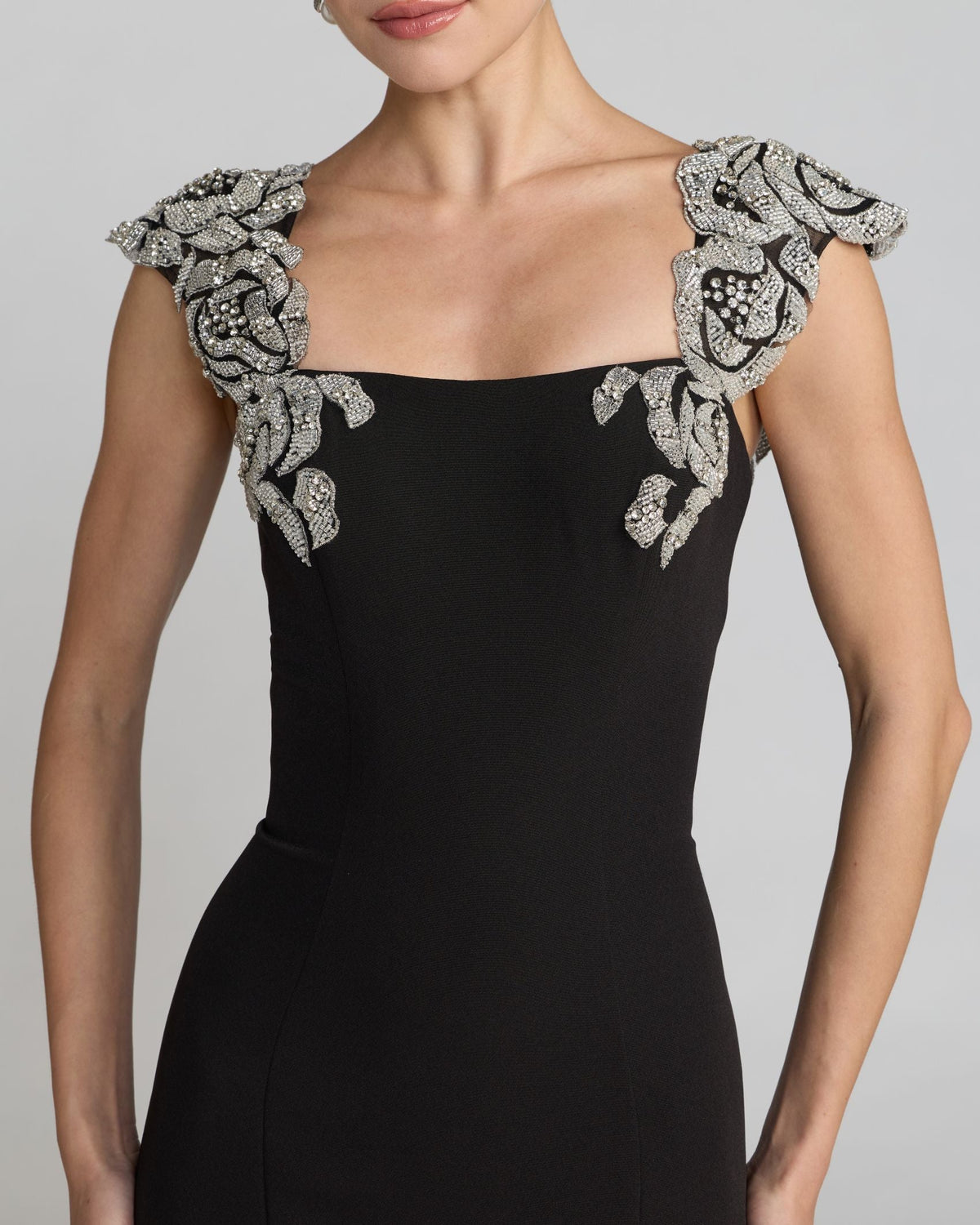 Mac Duggal #2318 black beaded floral applique mermaid gown