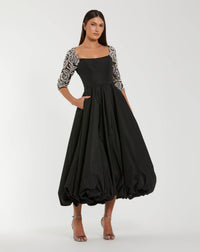 Mac Duggal #2320 black bubble hem midi dress with embellished sleeves