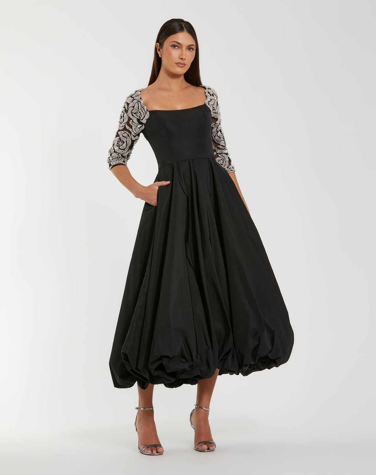 Mac Duggal #2320 black bubble hem midi dress with embellished sleeves