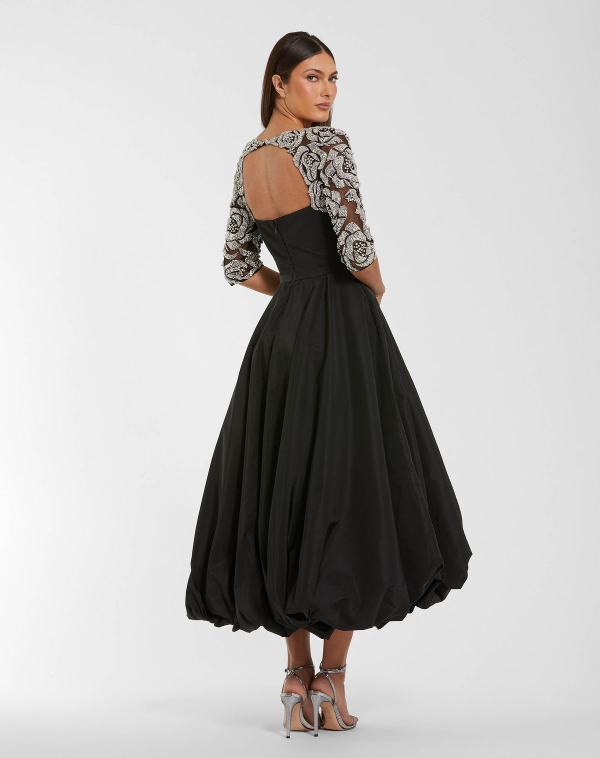 Mac Duggal #2320 black bubble hem midi dress with embellished sleeves