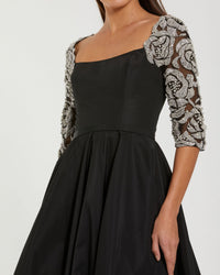 Mac Duggal #2320 black bubble hem midi dress with embellished sleeves
