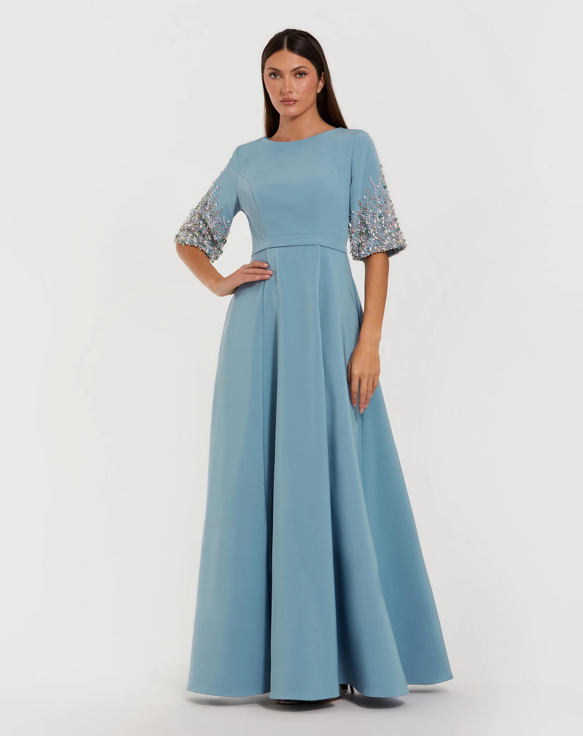 Mac Duggal Blue Crepe Gown With Embellished 3/4 Sleeves #2322 French Blue