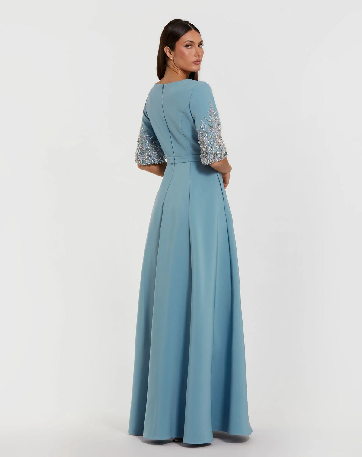Mac Duggal Blue Crepe Gown With Embellished 3/4 Sleeves #2322 French Blue