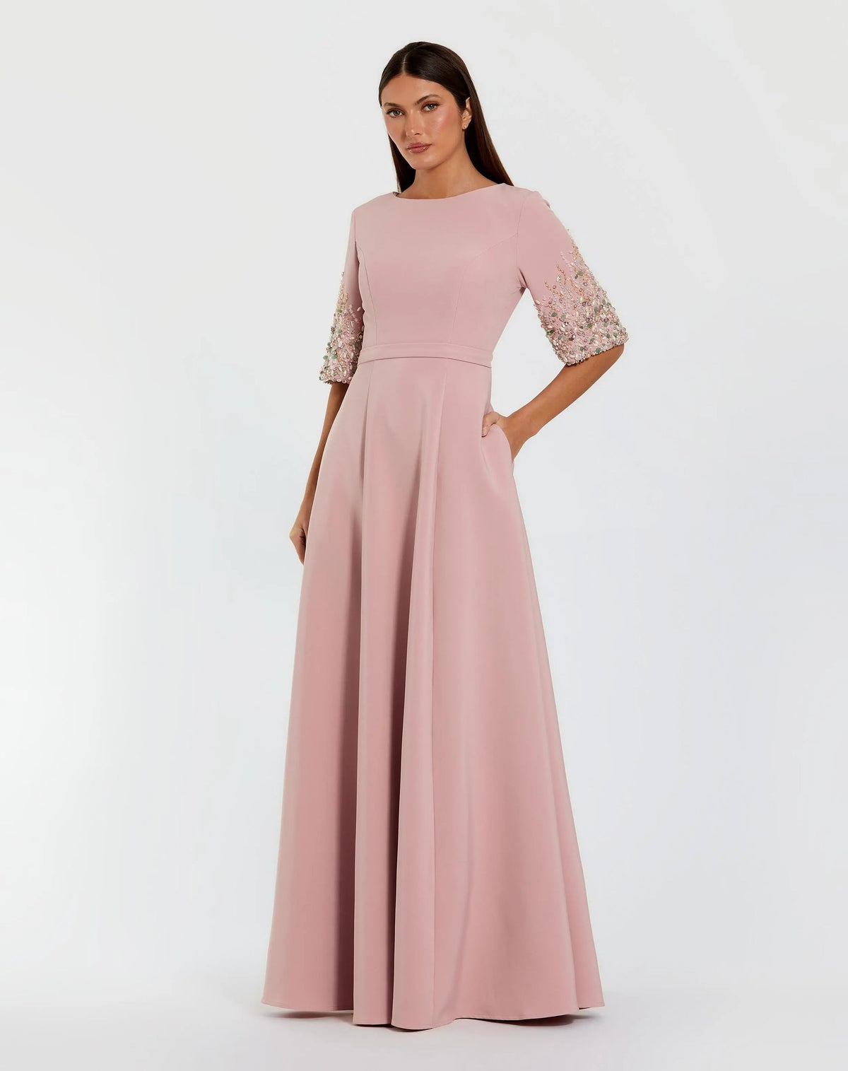 Mac Duggal Rose Pink Crepe Gown With Embellished 3/4 Sleeves #2322 