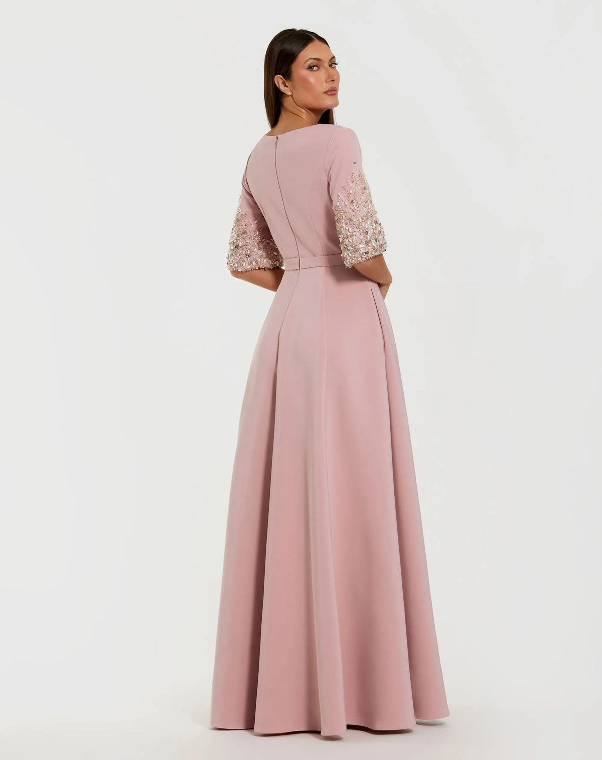Mac Duggal Rose Pink Crepe Gown With Embellished 3/4 Sleeves #2322 Modest Gown from the back