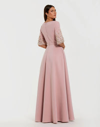 Mac Duggal Rose Pink Crepe Gown With Embellished 3/4 Sleeves #2322 Modest Gown from the back