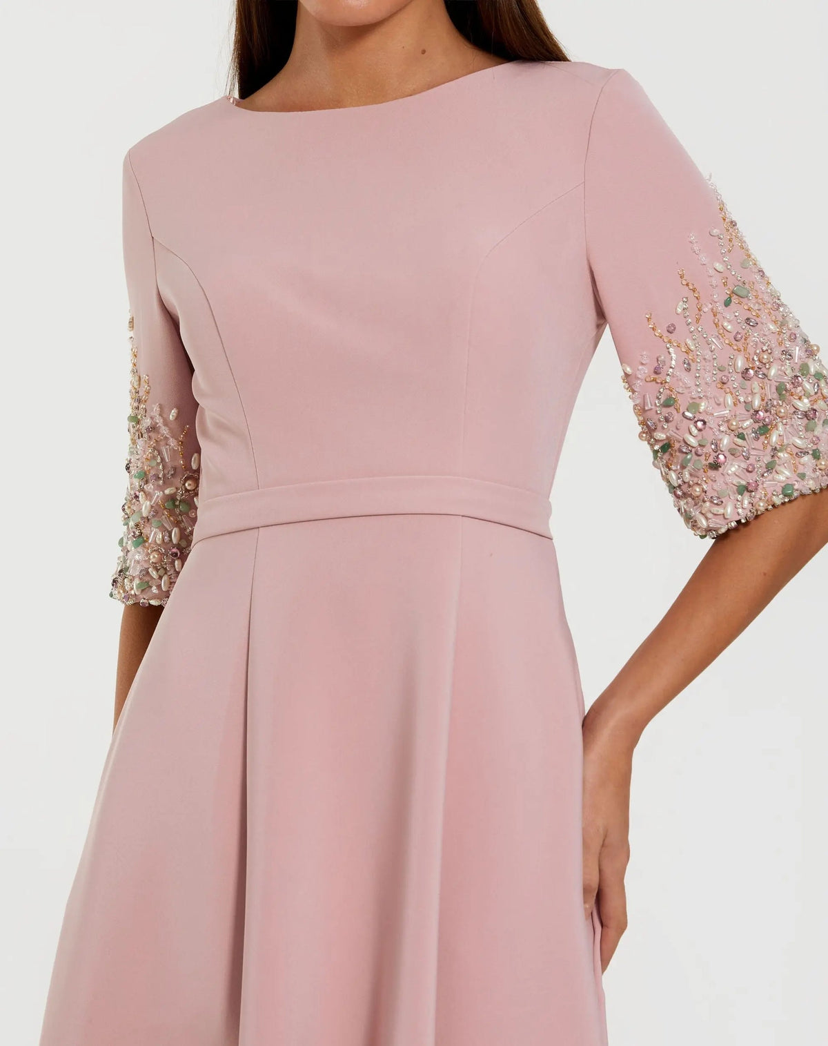 Mac Duggal Rose Pink Crepe Gown With Embellished 3/4 Sleeves #2322 Abaya close up