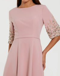 Mac Duggal Rose Pink Crepe Gown With Embellished 3/4 Sleeves #2322 Abaya close up