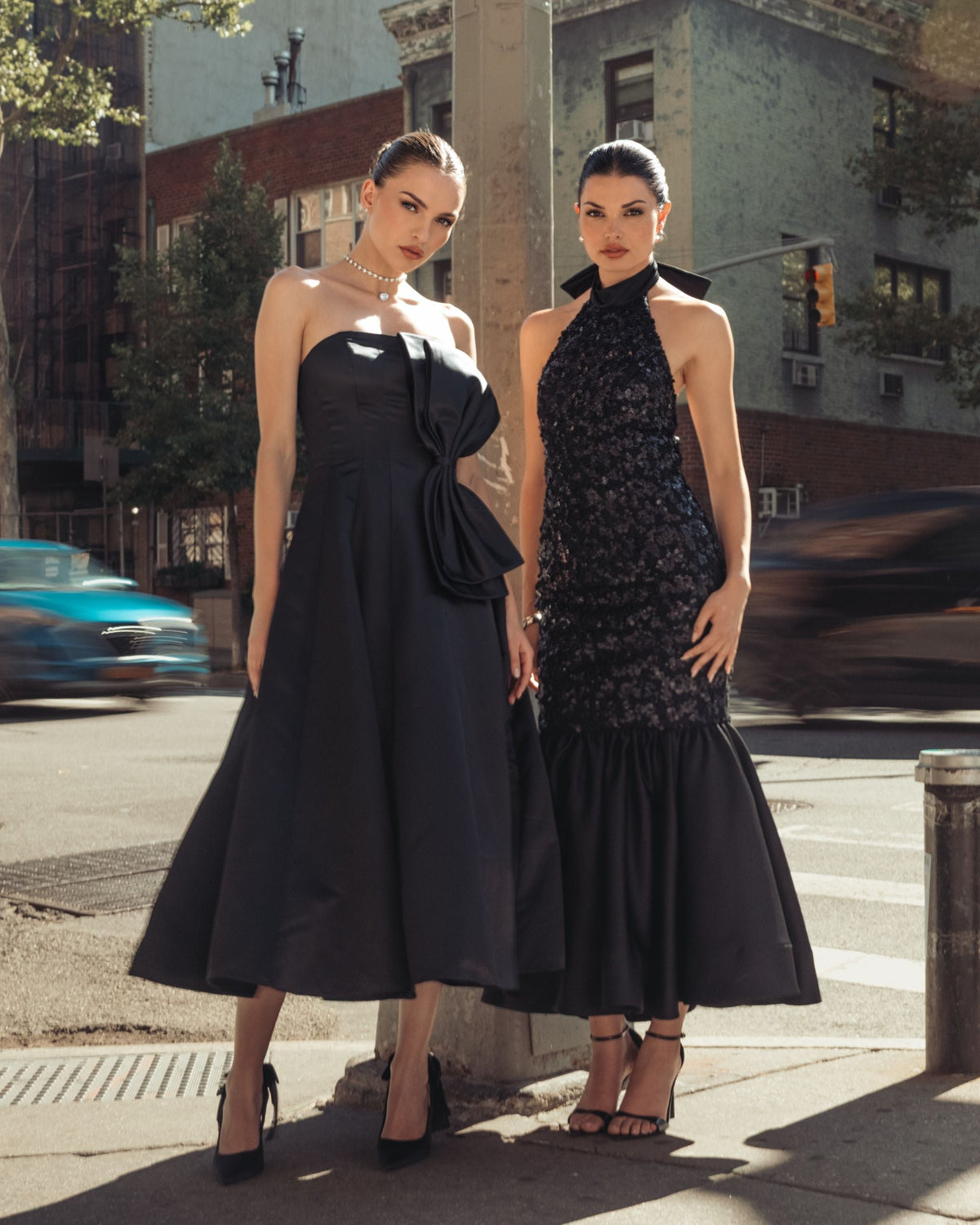 Mac Duggal #27893 black sequin halter bow midi dress lifestyle