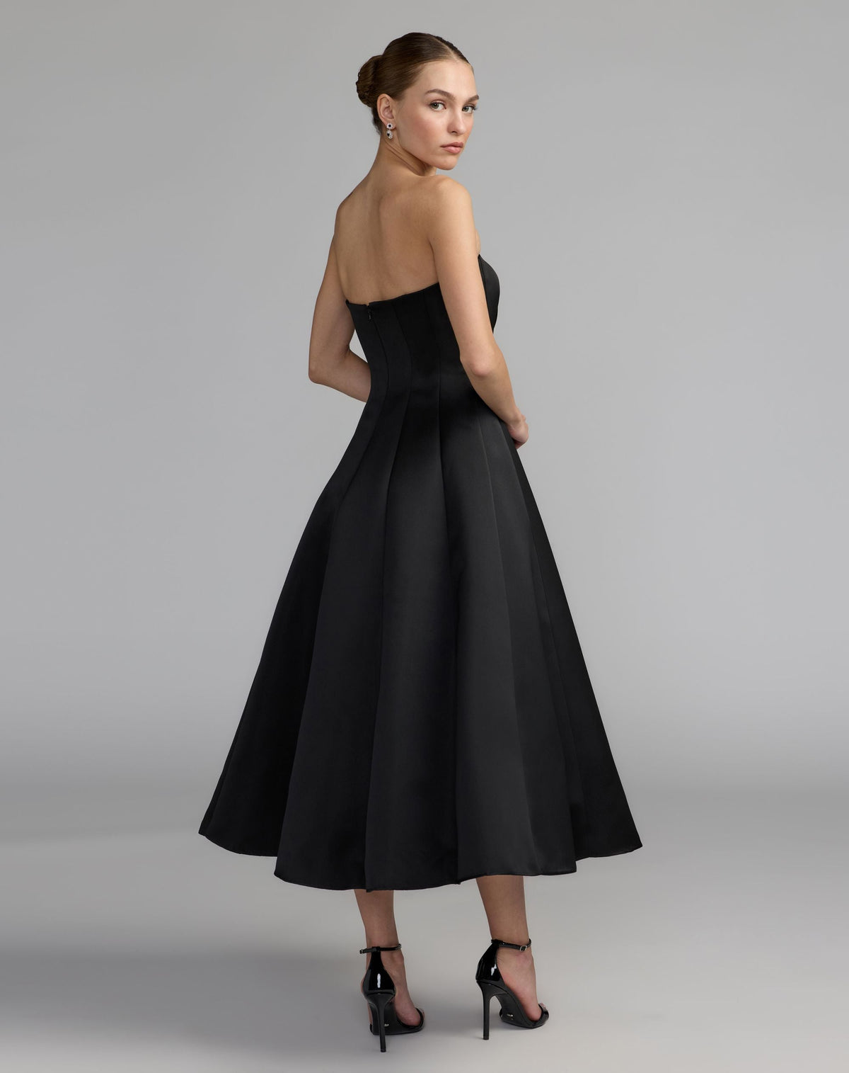 Mac Duggal #2328 black satin midi dress back