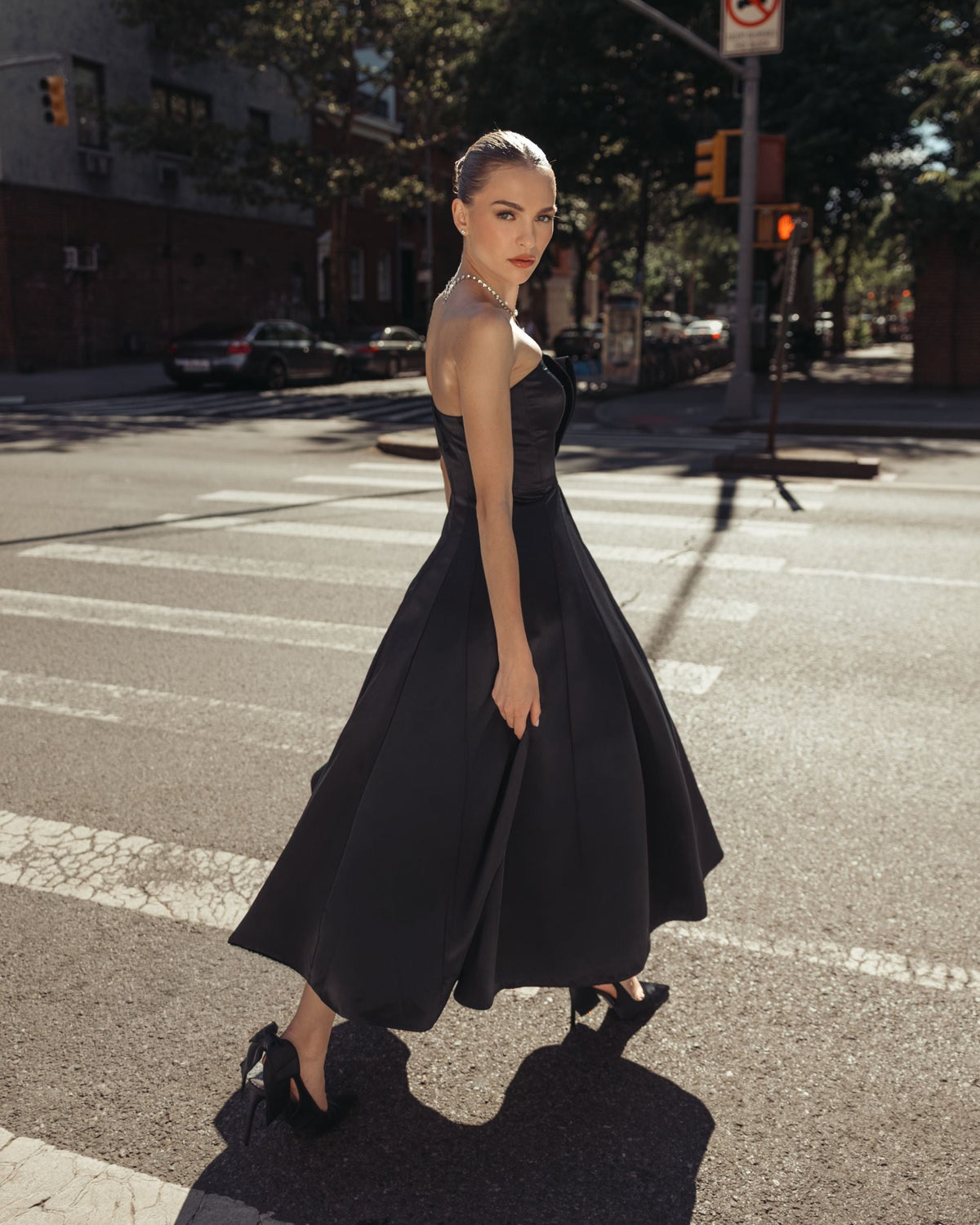 Mac Duggal #2328 black midi dress lifestyle back