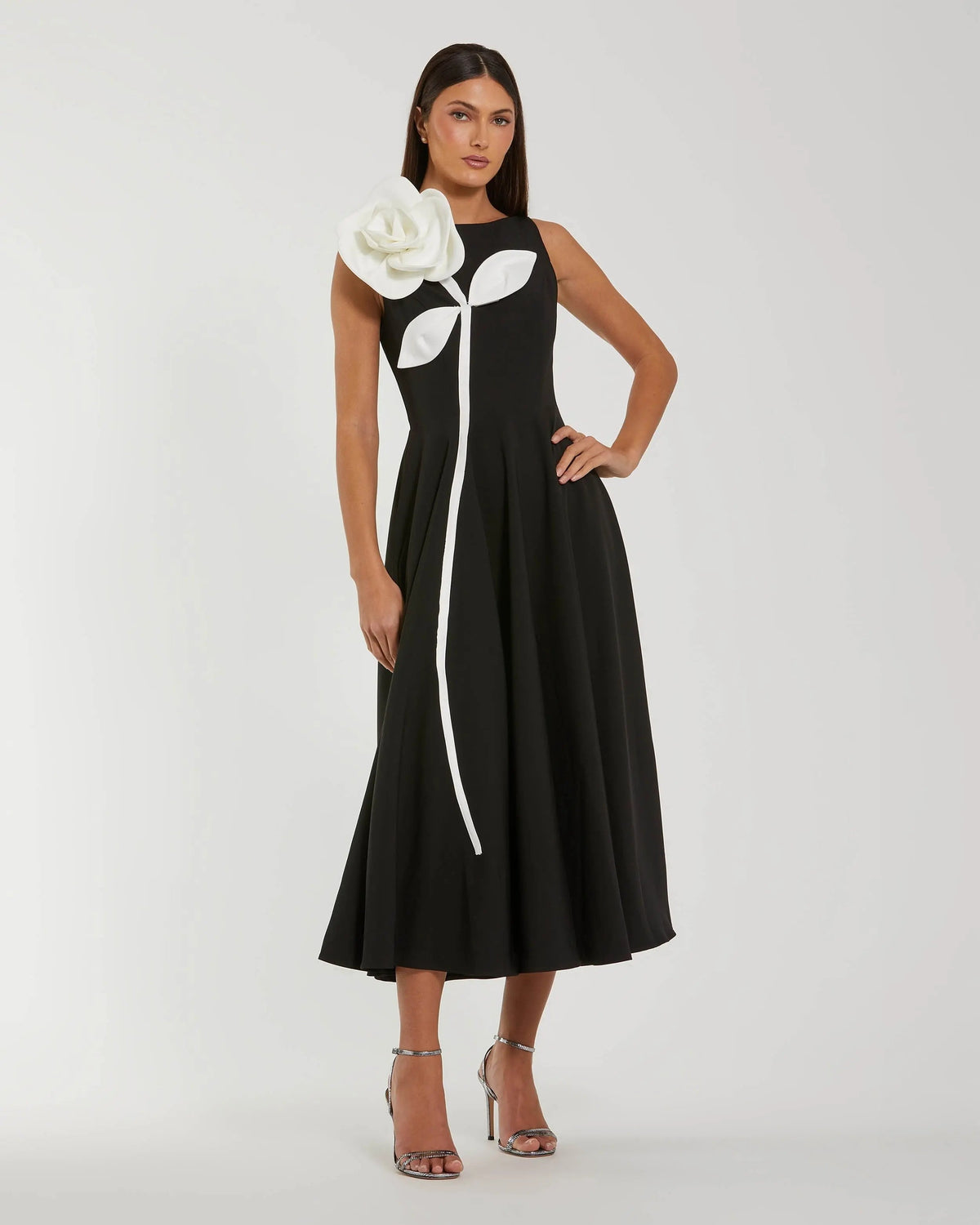 Mac Duggal #2329 black ivory crepe a line midi dress with 3d flower