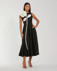 Mac Duggal #2329 black ivory crepe a line midi dress with 3d flower