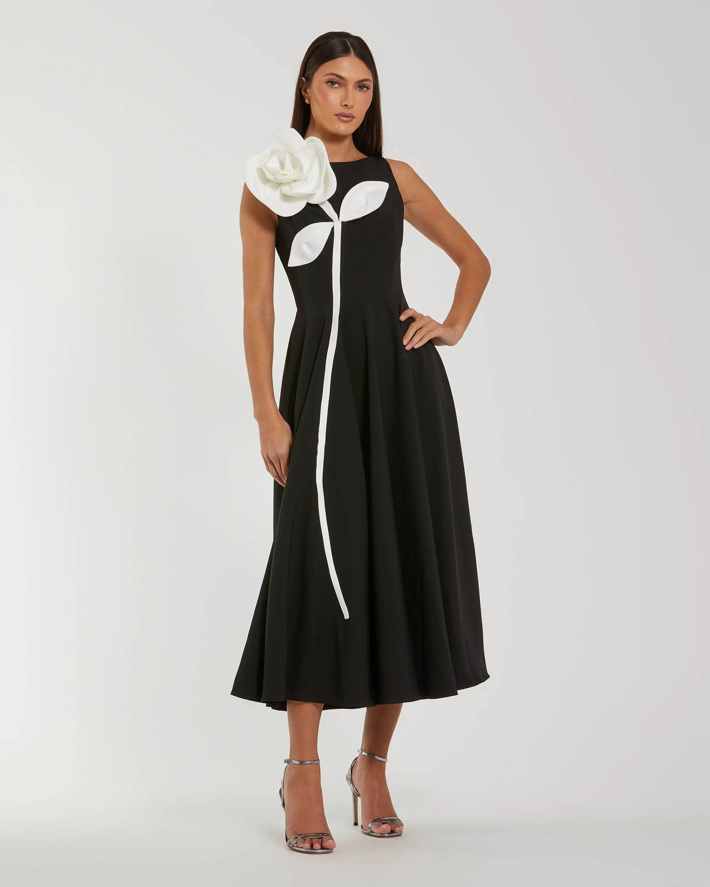 Mac Duggal #2329 black ivory crepe a line midi dress with 3d flower