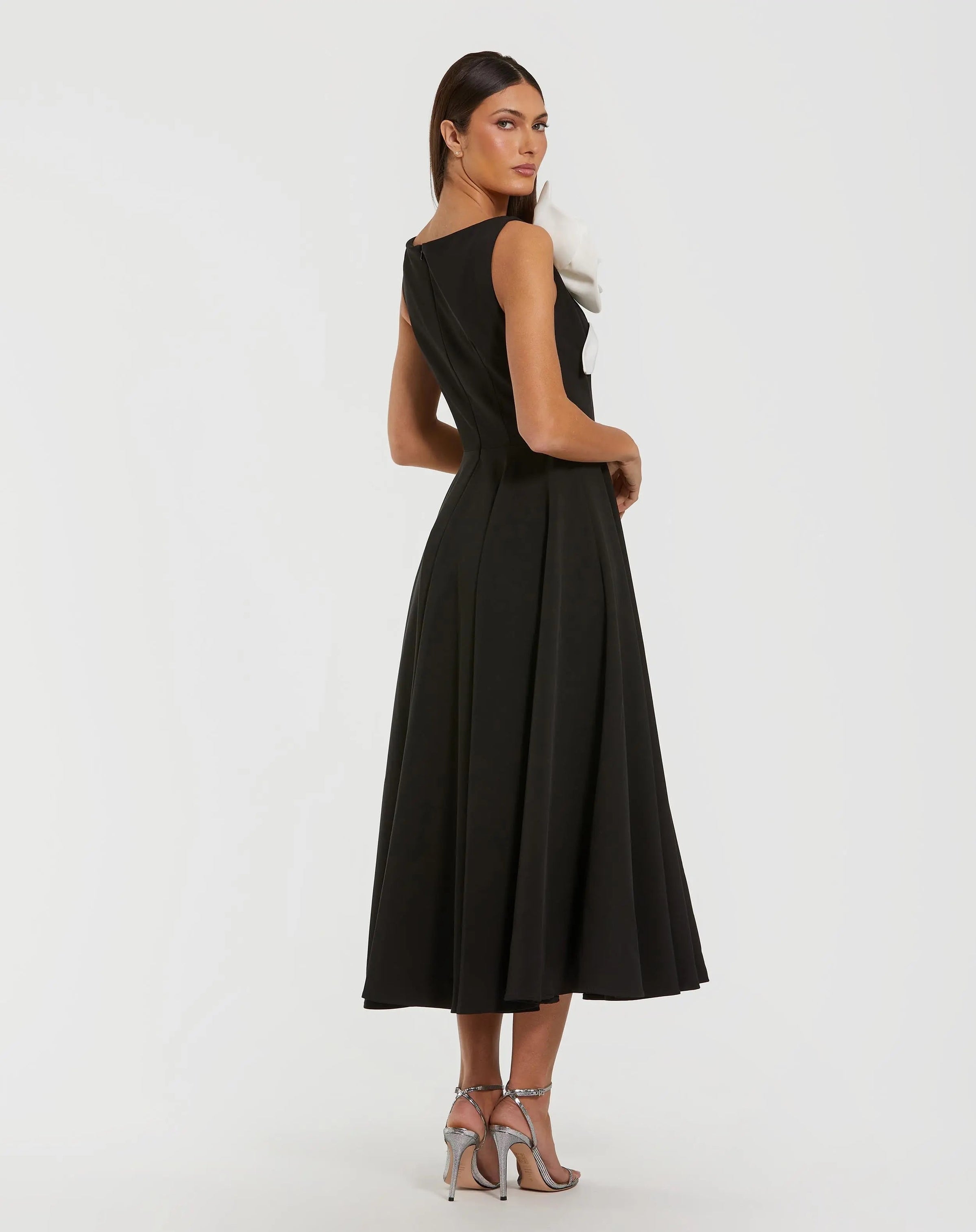 Mac Duggal #2329 black ivory crepe a line midi dress with 3d flower