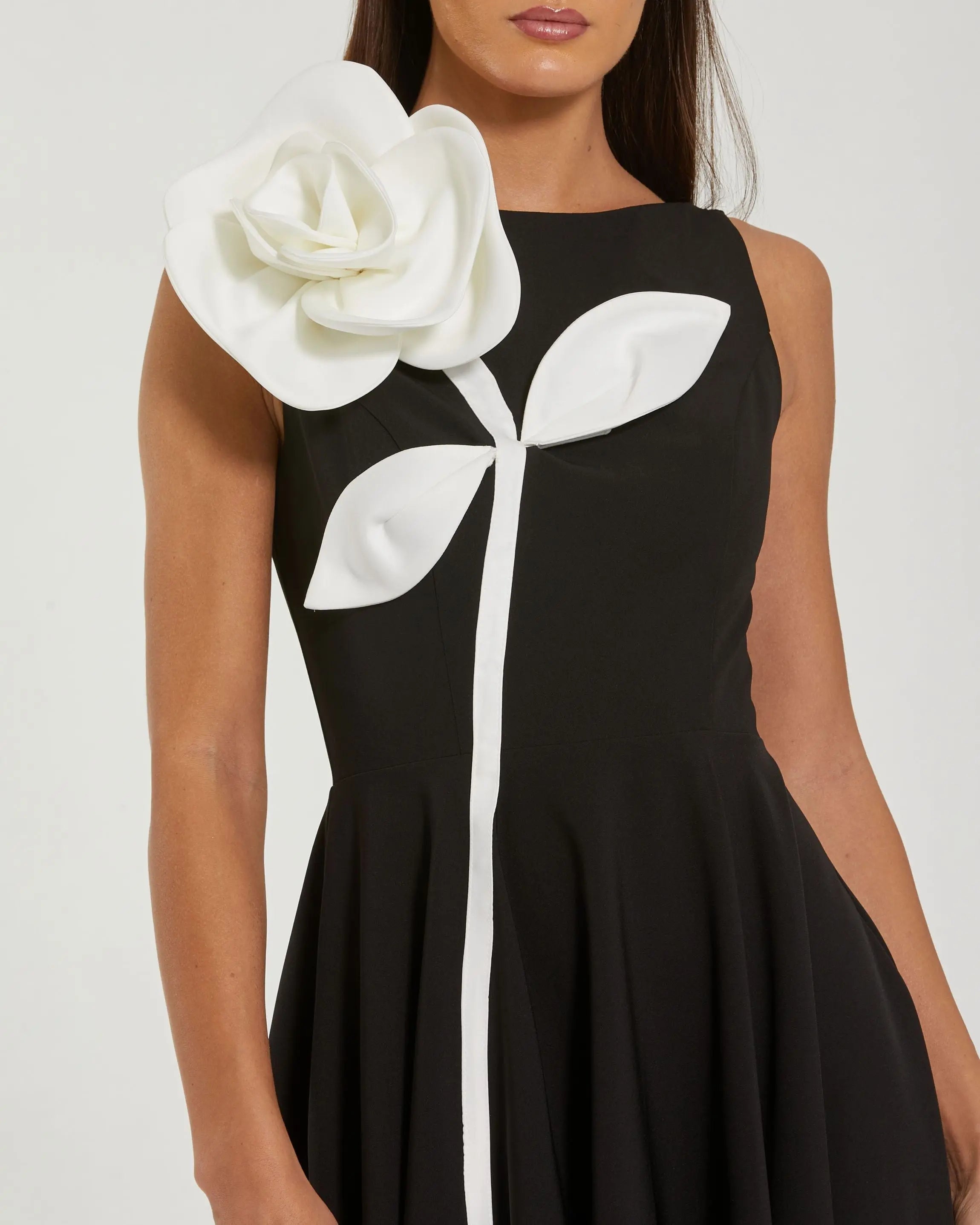 Mac Duggal #2329 black ivory crepe a line midi dress with 3d flower
