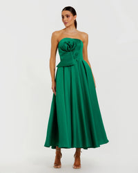 Emerald-green-strapless-mikado-gown-with-3D-rosette-front