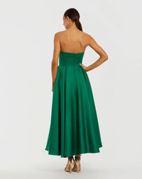 Mac Duggal Green Strapless Satin A Line Midi Dress With 3D Flower #2330 Emerald