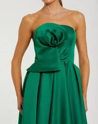 Mac Duggal Green Strapless Satin A Line Midi Dress With 3D Flower #2330 Emerald