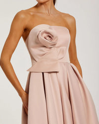 Pink Strapless Satin A Line Midi Dress With 3D Flower
