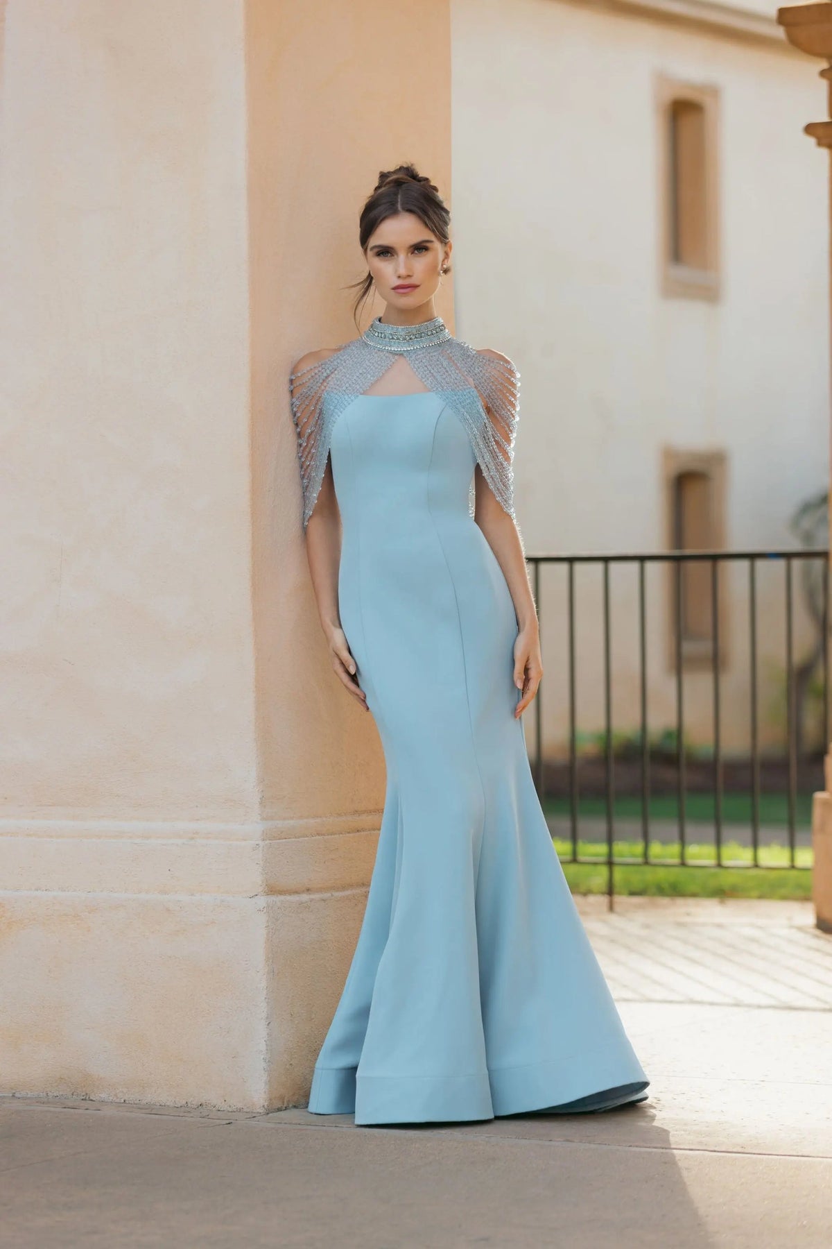 Mac Duggal Blue Crepe Mermaid Gown With Crystal Draping #2334 French Blue