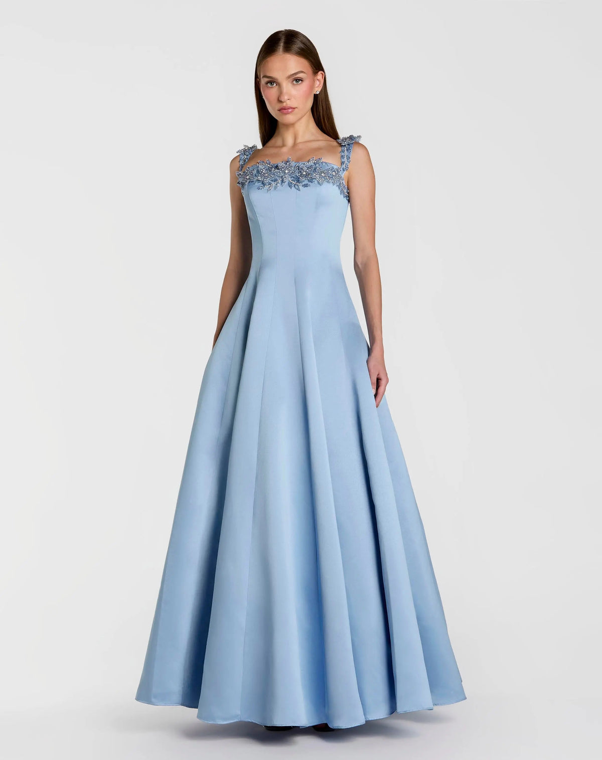 Mac Duggal 2337 Slate Blue satin ball gown with 3D embellished flowers - Front
