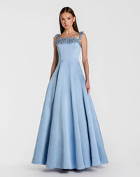 Mac Duggal 2337 Slate Blue satin ball gown with 3D embellished flowers - Front