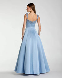 Mac Duggal 2337 Slate Blue satin ball gown with 3D embellished flowers - Back view