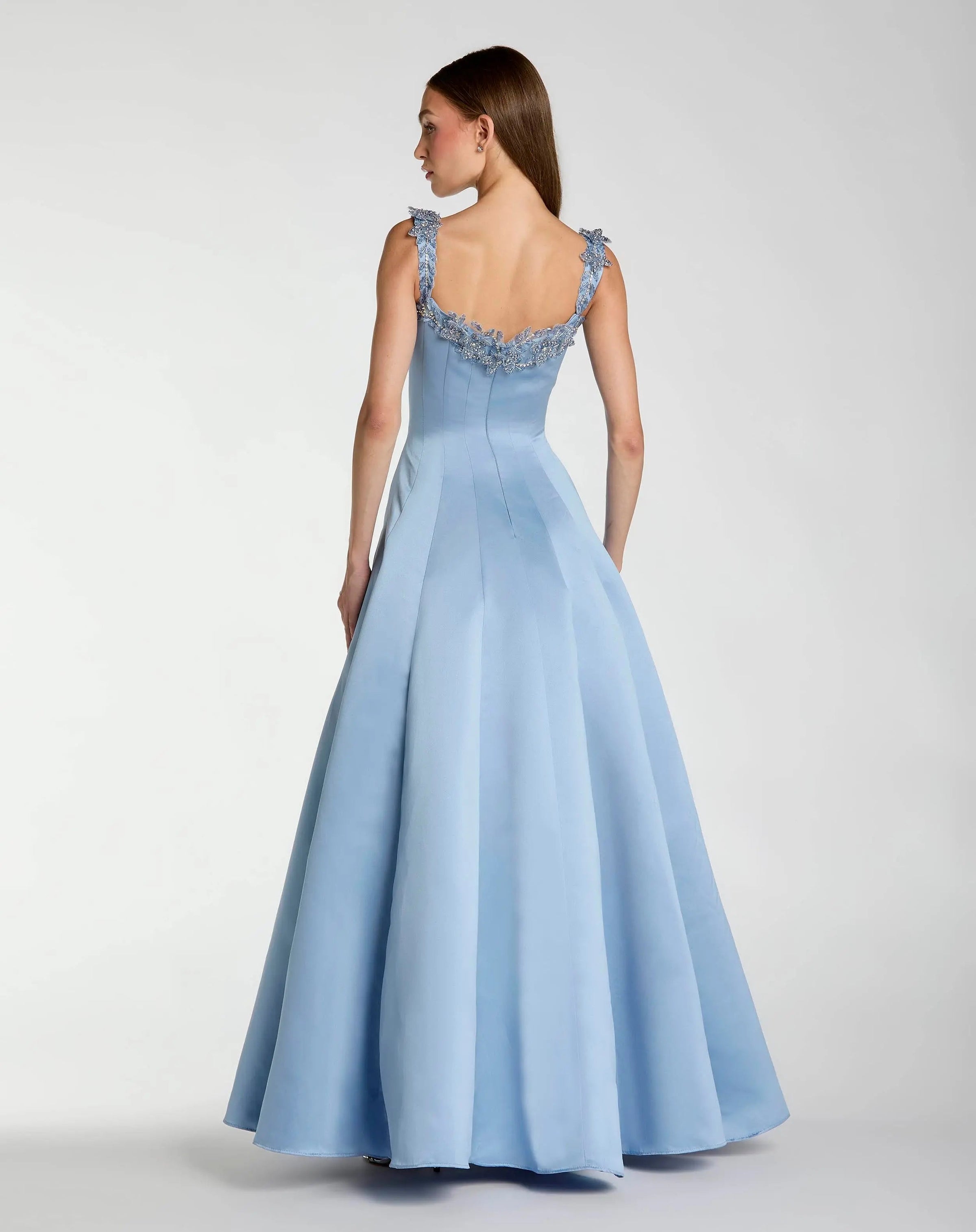 Mac Duggal 2337 Slate Blue satin ball gown with 3D embellished flowers - Back view