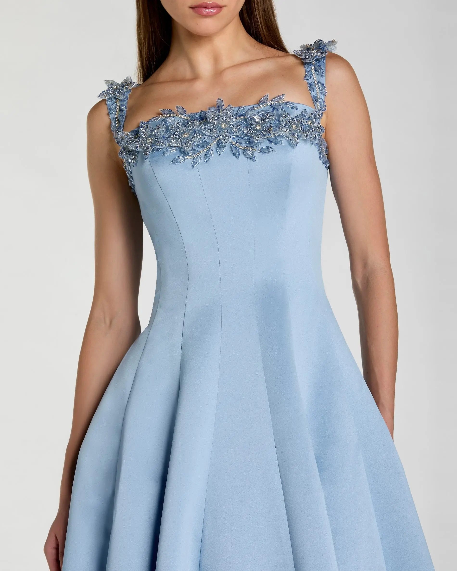 Mac Duggal 2337 Slate Blue satin ball gown with 3D embellished flowers - Close up detail