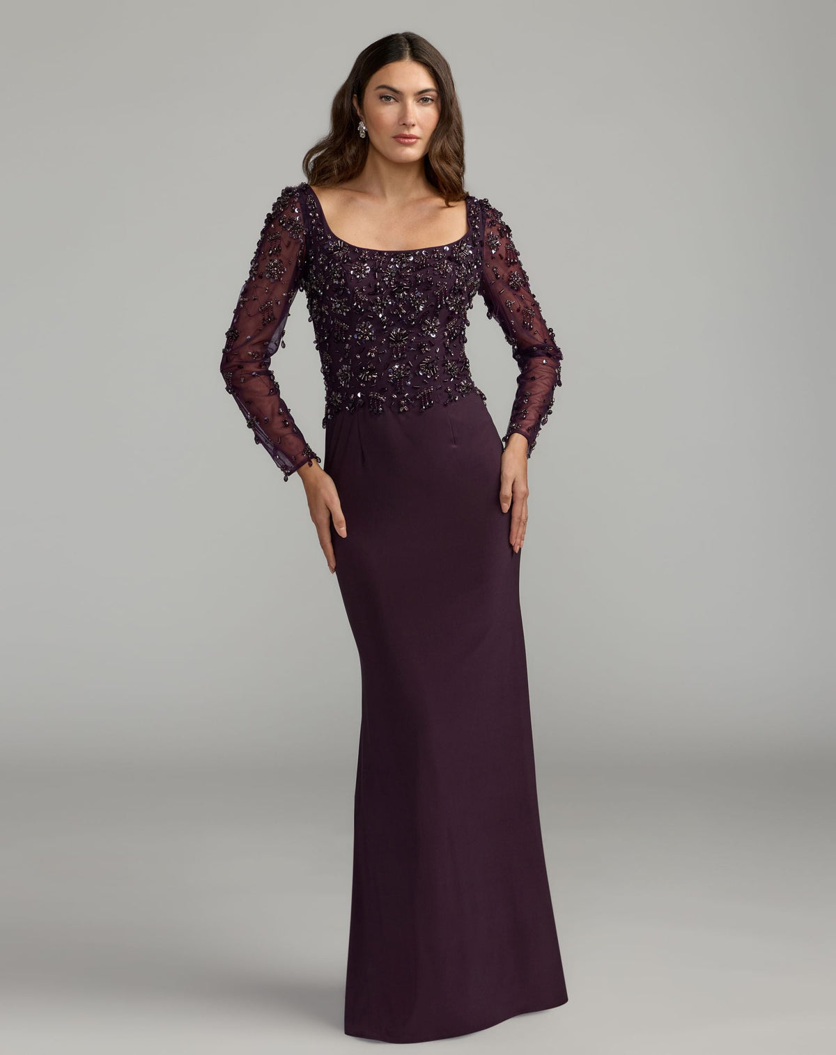 Mac Duggal #2340 amethyst long sleeve beaded column gown